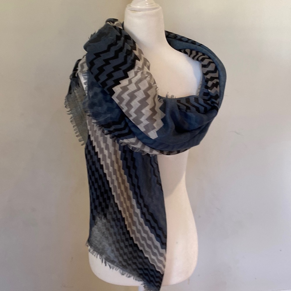 Large blue black gray ivory lightweight bold geometric print statement scarf